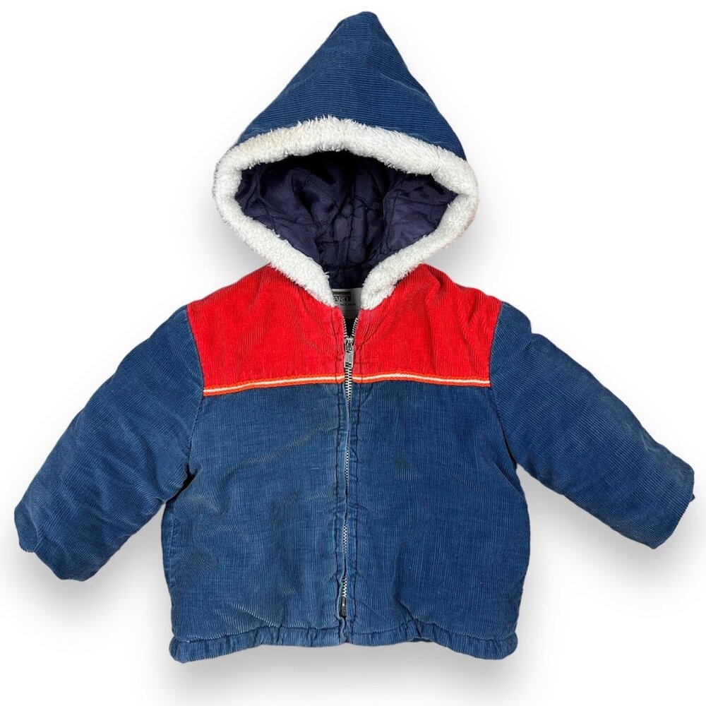 Vtg 70s 80s Montgomery Ward Blue Corduroy Quilted Lined Jacket Hood 2T Toddler